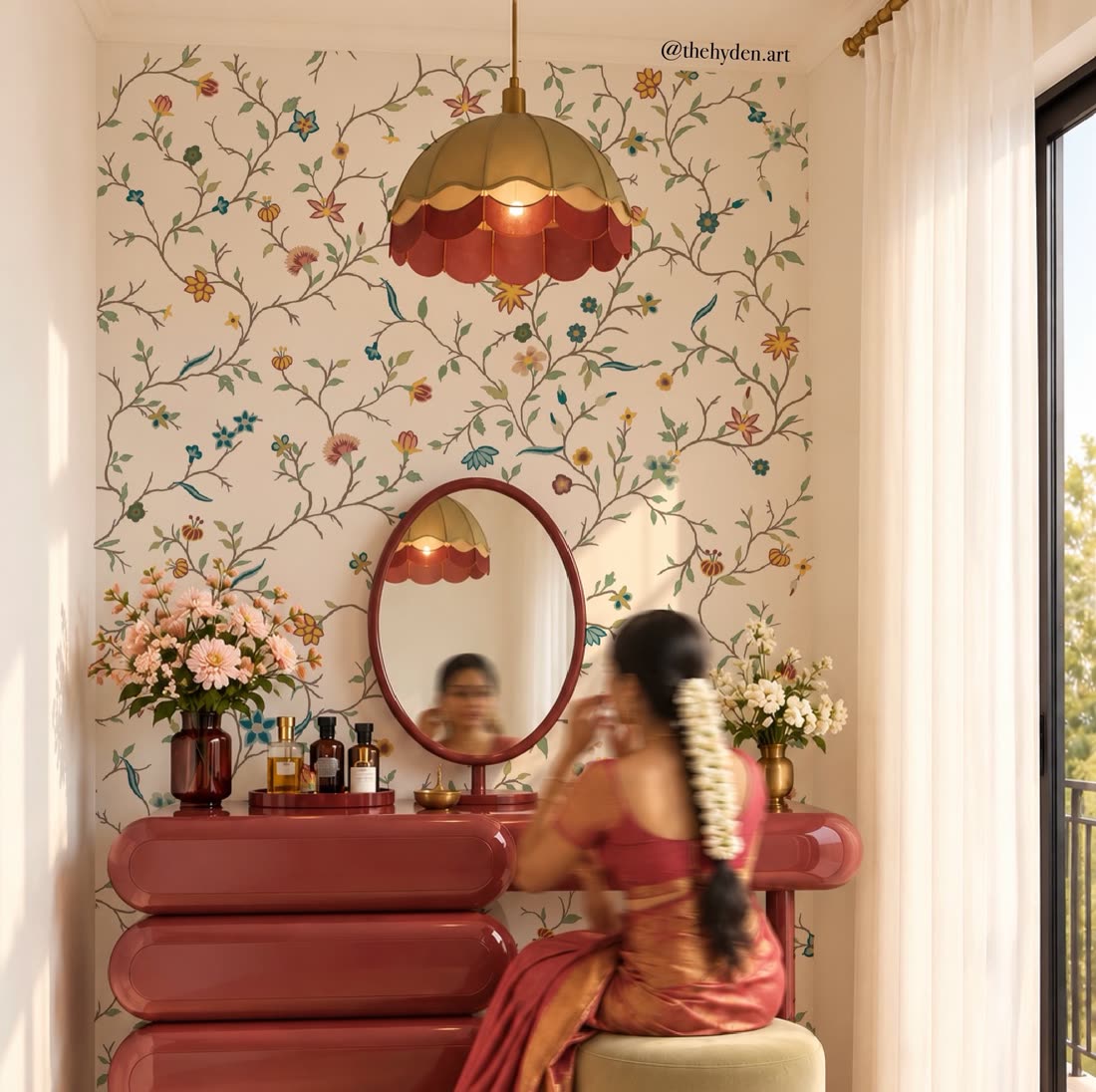 Floral heritage wallpaper behind a vanity with a pink dresser